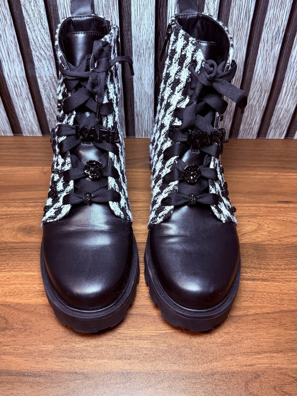 Karl Lagerfeld Black & White Houndstooth Lace-Up Combat Boots